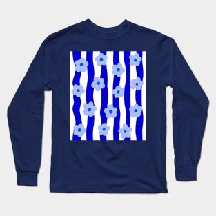 Cobalt Blue Groovy Flowers Pattern Long Sleeve T-Shirt